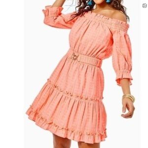 Lilly Pulitzer Louise Orange Mini Dress, Off the Shoulder, Small